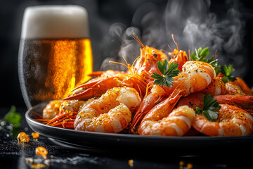 Boiled shrimp and cold draft beer on a restaurant table. close up background..
