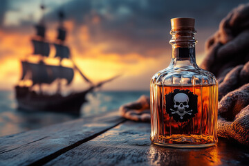 A bottle of rum with a human skull on a old wooden table on pirate ship at sea background.