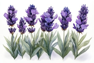 Fototapeta premium A watercolor illustration of lavender flowers with green leaves.