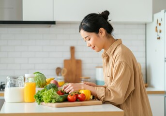 Asian woman preparing fresh vegetables in modern kitchen with juice and milk on counter