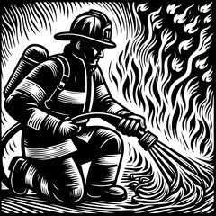 Firefighter in Action, battling the flames in a dangerous job, is depicted in this vector illustration stylized as a linocut