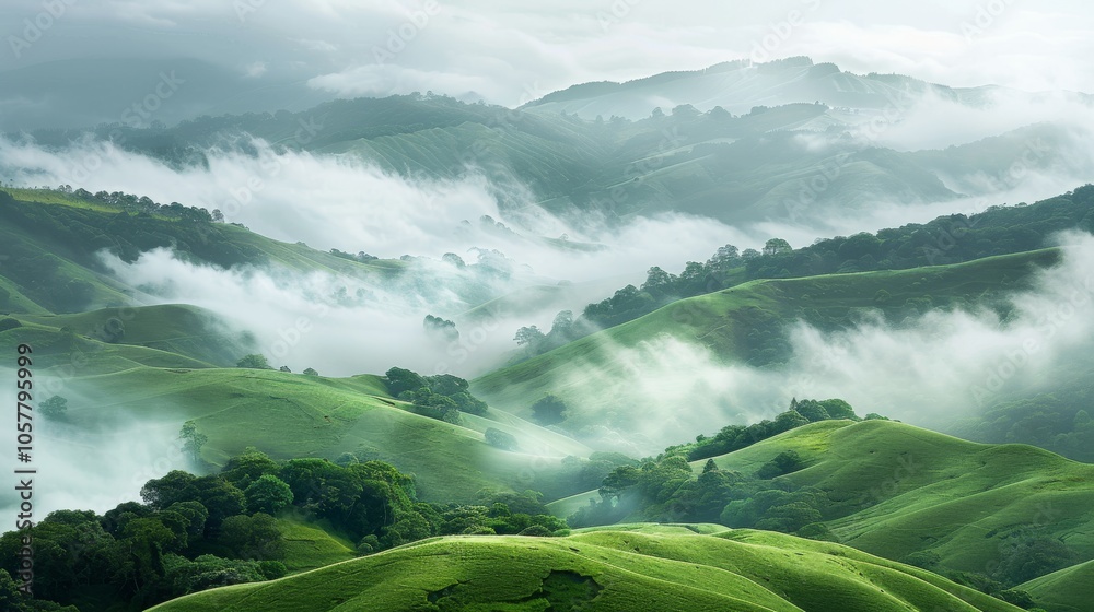 Poster verdant hills and misty clouds creating a serene landscape