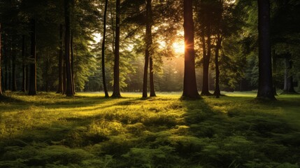 Obraz premium Warm sunset light highlighting green grass in a summer woodland