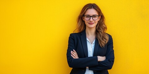  Photo of a smiling businesswoman standing with arms crossed against a yellow background copy space background 