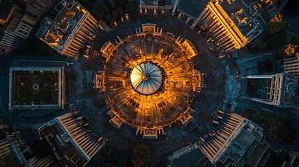 Fototapeta premium Aerial view of Vatican City at golden hour, St. Peter's Basilica dome glowing with intricate gardens and courtyards visible, tiny figures of pilgrims creating patterns.
