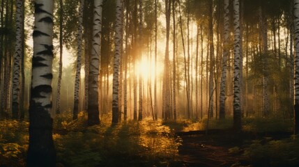 Fototapeta premium Warm sunset light streaming through a forest of tall birch trees