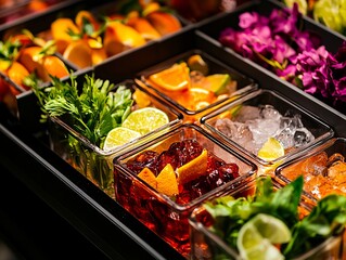 A display case filled with different types of fruit and vegetables