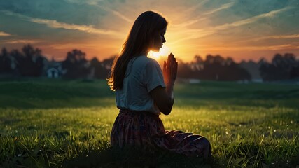 Naklejka premium A girl prays at sunset by the grass field