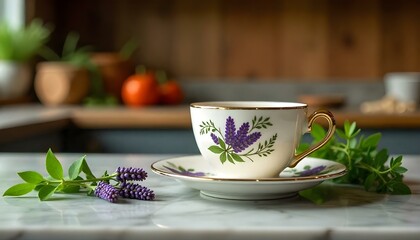 Floral teacup and saucer adorned with lavender prints against a backdrop of fresh herbs with copy space