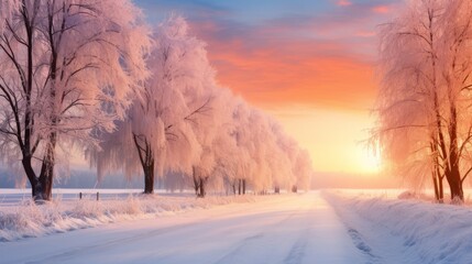 Winter road framed by snow-covered trees, vibrant sunrise in the background, and ample copy space