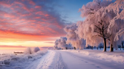 Winter road framed by snowy trees with colorful sunrise, bright sky, and serene atmosphere