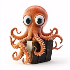Cute 3D Octopus with Book on White Background