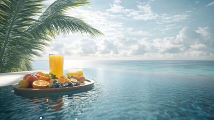 Fototapeta premium Tropical Poolside Breakfast with Orange Juice and Fruit Platter