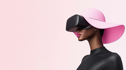 Fashionable woman in virtual reality headset and stylish pink hat against a modern minimalist backdrop.