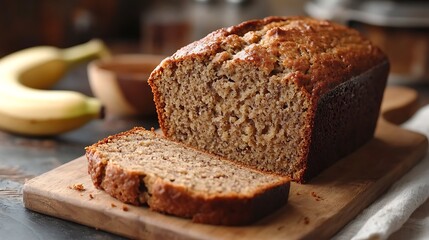 A banana bread with a slice cut out of it