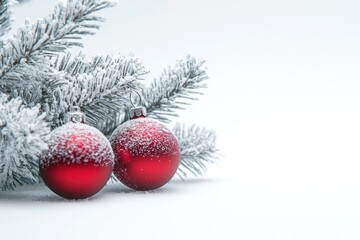 Obraz premium Christmas tree branch with red ornaments on snowy background.