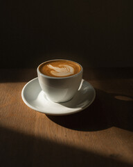 A coffee in a white cup on wooden table, resting in the warmth of the sun. There is detailed latte art in the steamed milk. The coffee casts a warm shadow.