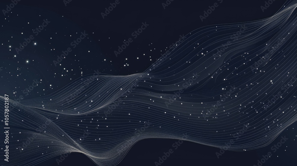 Wall mural dark blue background with white stars on the left side of an elegant, curved line that resembles wav