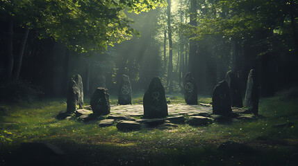 The charm of an ancient stone altar in the forest. Celtic Druid Circle. Illustration