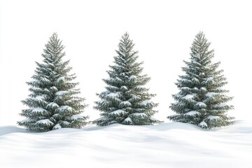 Fir trees with snow on beautiful natural snowdrift with white background