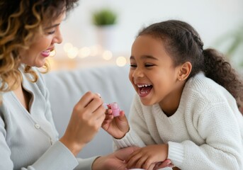 Fototapeta premium Mother and daughter laugh while painting nails at home in cozy setting.