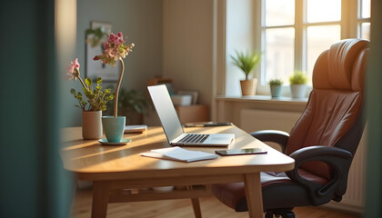 Comfortable office chair near wooden table with laptop computer, Interior of an office desk workspace room, empty no body