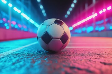 A vibrant soccer ball placed on the pitch illuminated by colorful stadium lights at night