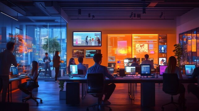 workplace design, colleagues working together in a modern, inclusive space with adaptive furniture, technology, and supportive features