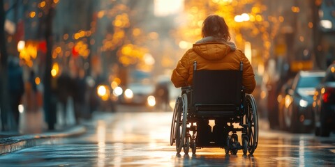 accessible urban environment, a young woman in a wheelchair effortlessly maneuvering through city streets due to modern accessible infrastructure and urban design