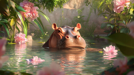 Hippopotamus in a Tropical Pond with Pink Flowers