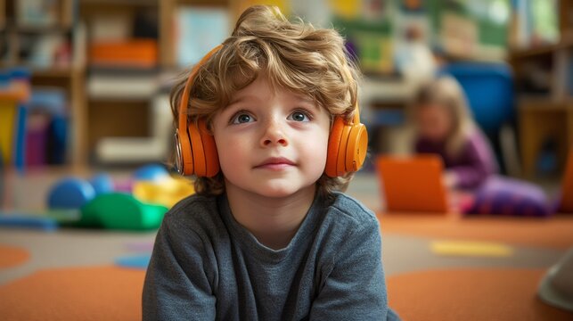 a child wearing hearing aids happily engaged in storytime with friends in a supportive inclusive classroom with adapted materials