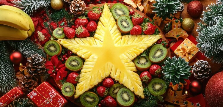 A bright and colorful fruit platter shaped like a Christmas star, with slices of pineapple, kiwi, and strawberries - Powered by Adobe