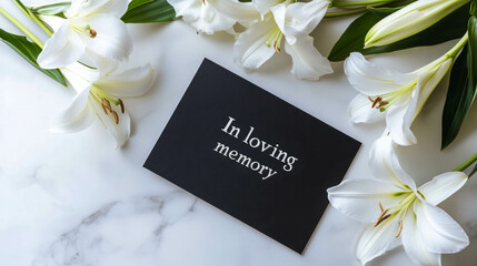 a black matte postcard with the words "In loving memory" on it on a white marble table, white lilies are lying nearby