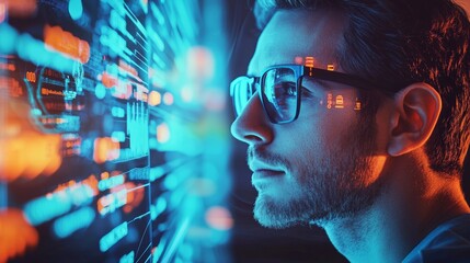 Focused man analyzing data on a digital screen