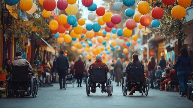 inclusive community event, people with disabilities of different backgrounds happily participating in a lively event, with bright decor and seating for all