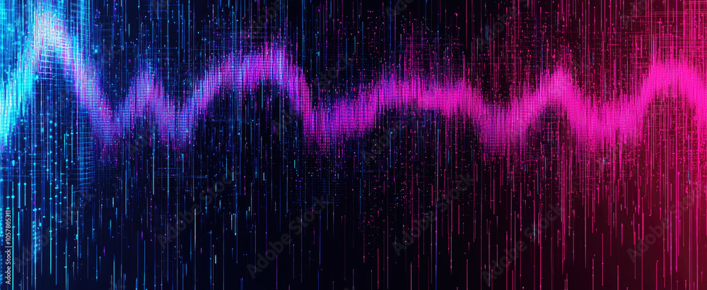 Wall mural cyber data waves in digital space, network surface abstract background, secure ai technology in dark