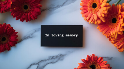 a black matte postcard with the words "In loving memory" on it on a white marble table, gerberas are lying nearby