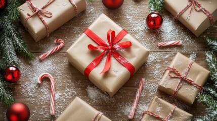 Christmas gifts with red ribbon and candy canes