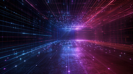 Neon digital room background, abstract dark futuristic space with red and blue wireframe lines, perspective view. Concept of future, grid, wire frame, virtual reality