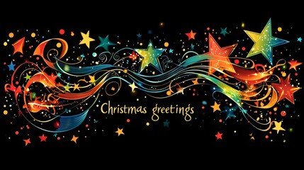 Christmas Greetings Banner with Colorful Swirl and Stars on a Black Background