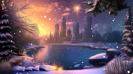 An ultrarealistic depiction of the winter solstice on December 21st, with a vividly colored sky and a serene landscape that captures the magic of the longest night of the year.