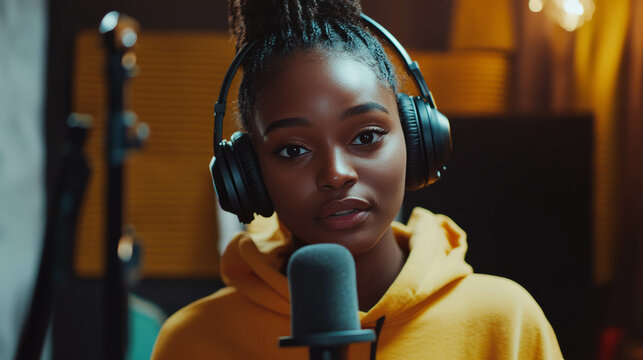 young black female influencer or content creator recording a video podcast or YouTube video. Speaking into camera