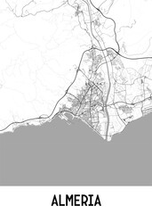 Fototapeta premium A detailed black and white map of Almeria, Spain, showcasing the city's layout and surrounding areas. The map features a network of roads, streets, and waterways.