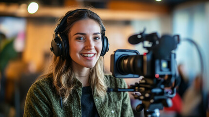 young white female influencer or content creator recording a video podcast or YouTube video. Speaking into camera