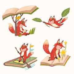 Red fox kid and book. children illustration. watercolor vector. animal cartoon. reading and education concept artwork. 
