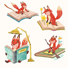 Red fox kid and book. children illustration. watercolor vector. animal cartoon. reading and education concept artwork. 
