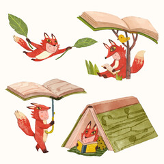 Red fox kid and book. children illustration. watercolor vector. animal cartoon. reading and education concept artwork. 
