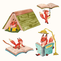 Red fox kid and book. children illustration. watercolor vector. animal cartoon. reading and education concept artwork. 
