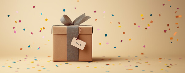 Minimalist gift box wrapped in eco-friendly kraft paper with a gray fabric ribbon, and a “SALE” tag, surrounded by colorful confetti on a beige background