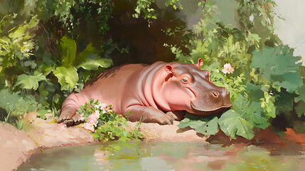 Hippopotamus Resting by a Pond in Lush Green Foliage